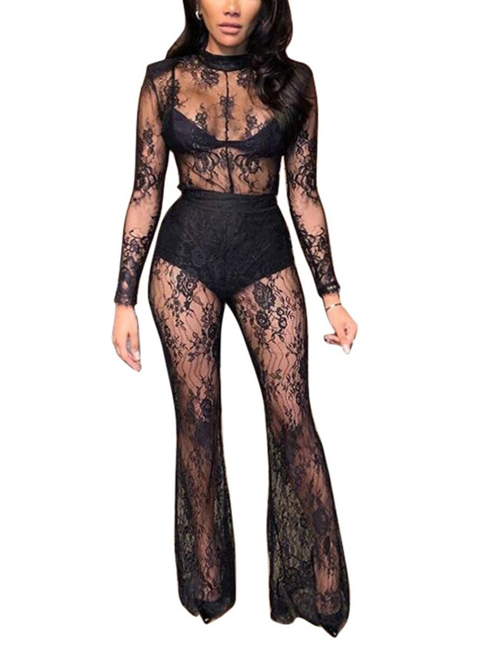 Women's Mesh Sheer See Through Jumpsuit Long Sleeve Floral Lace XL